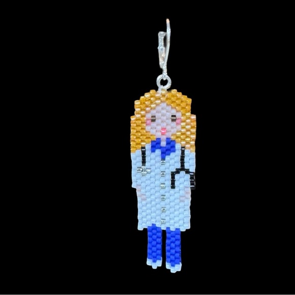 Handcrafted beaded drop earrings physician in white coat and scrubs stethoscope - Picture 4 of 6